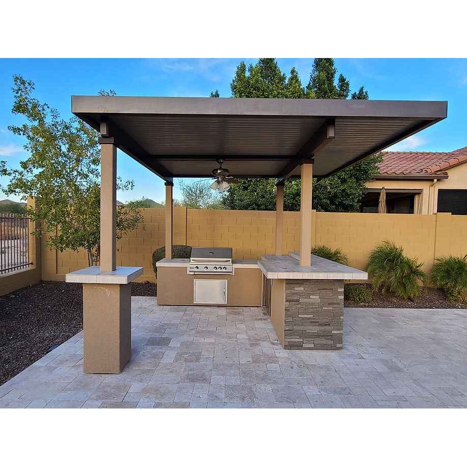 KoKoMo Outdoor Kitchen BBQ Island with 12' x 12' Pergola – Built-In 4-Burner Grill, Refrigerator, and Lighting