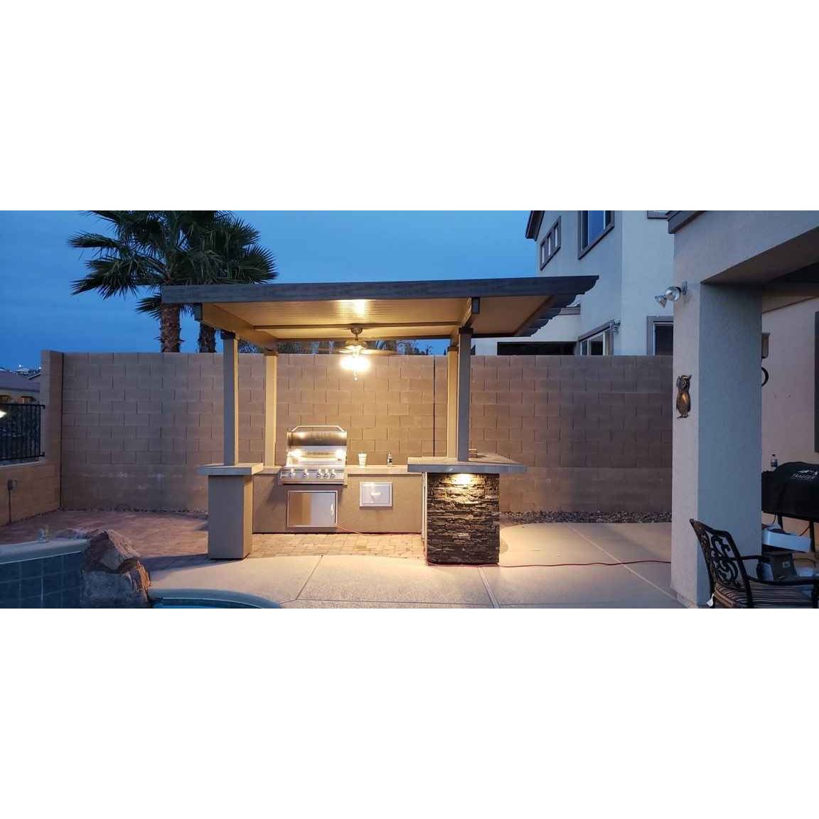 KoKoMo Outdoor Kitchen BBQ Island with 12' x 12' Pergola – Built-In 4-Burner Grill, Refrigerator, and Lighting