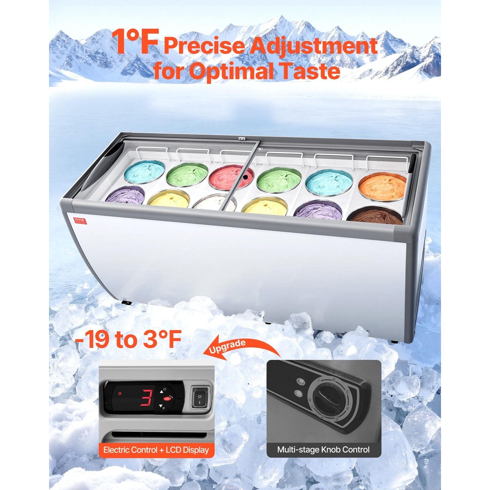 VEVOR Commercial Ice Cream Display Case 20 Cu.Ft Gelato Dipping Freezer Cabinet