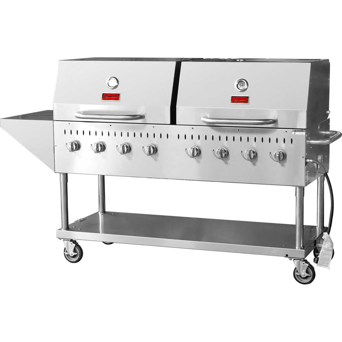 Stainless Steel Propane Outdoor BBQ Grill, 8 Burners, 128000BTU, Top And Side Shelf, 2 Roll Domes