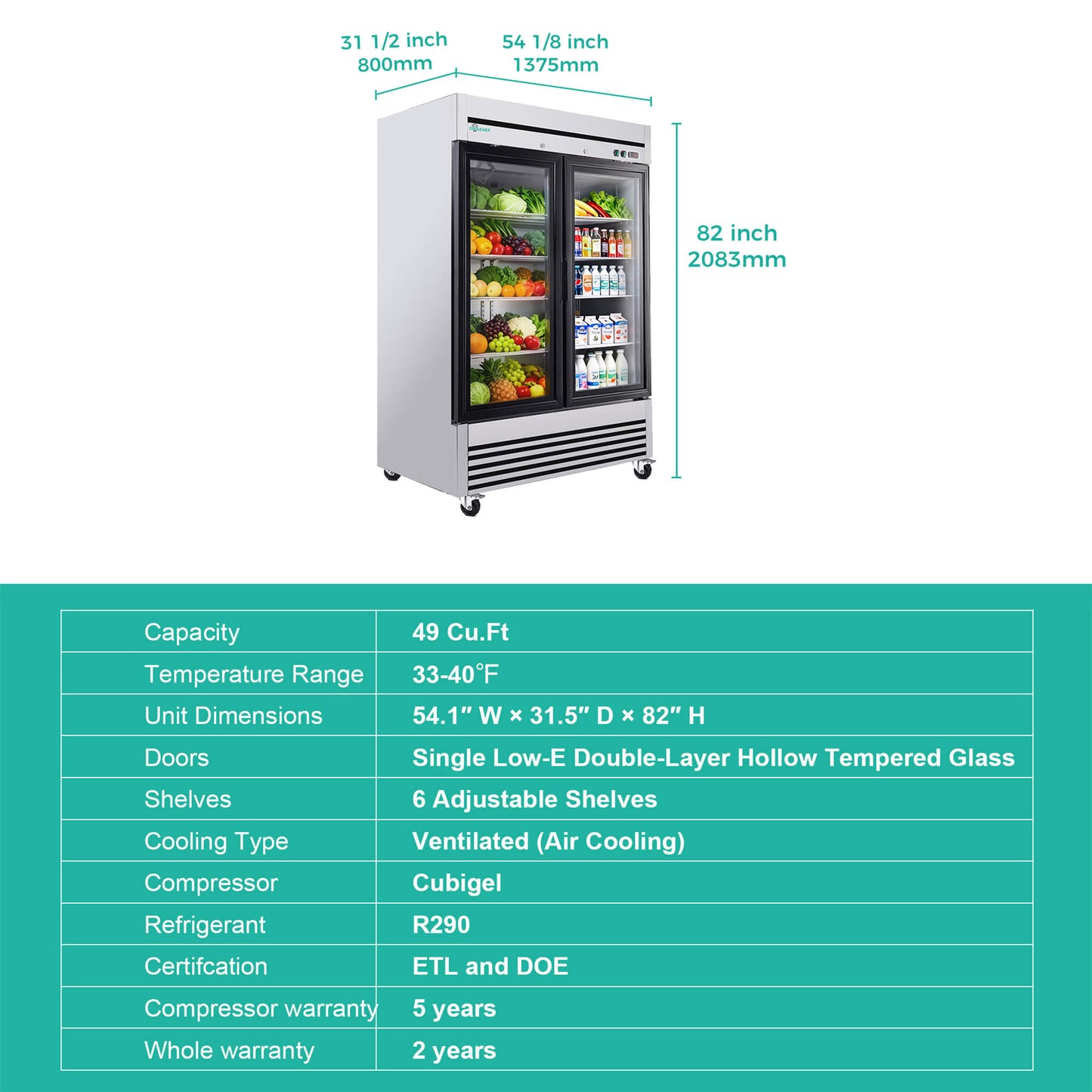 49-Inch Upright Commercial Reach-In Display Refrigerator (SAK16785)