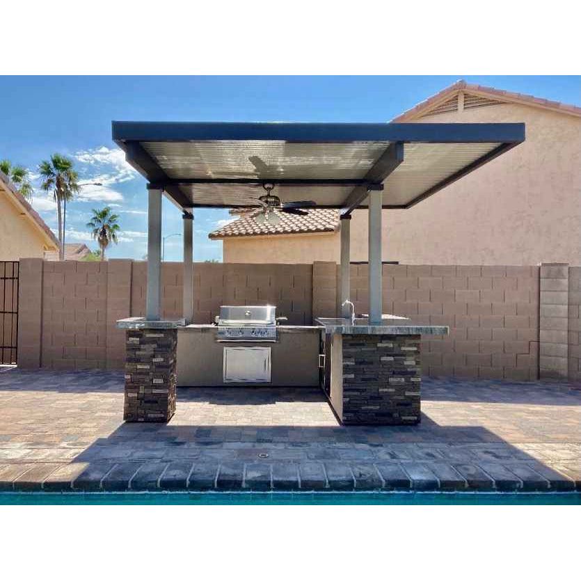KoKoMo Outdoor Kitchen BBQ Island with 12' x 12' Pergola – Built-In 4-Burner Grill, Refrigerator, and Lighting