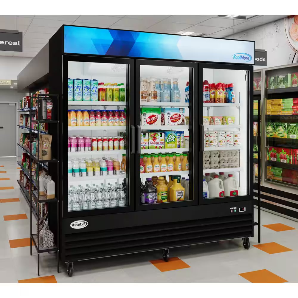 78 In. 57.5 Cu. Ft. Commercial Three Glass Swing Door Merchandiser Refrigerator in Black