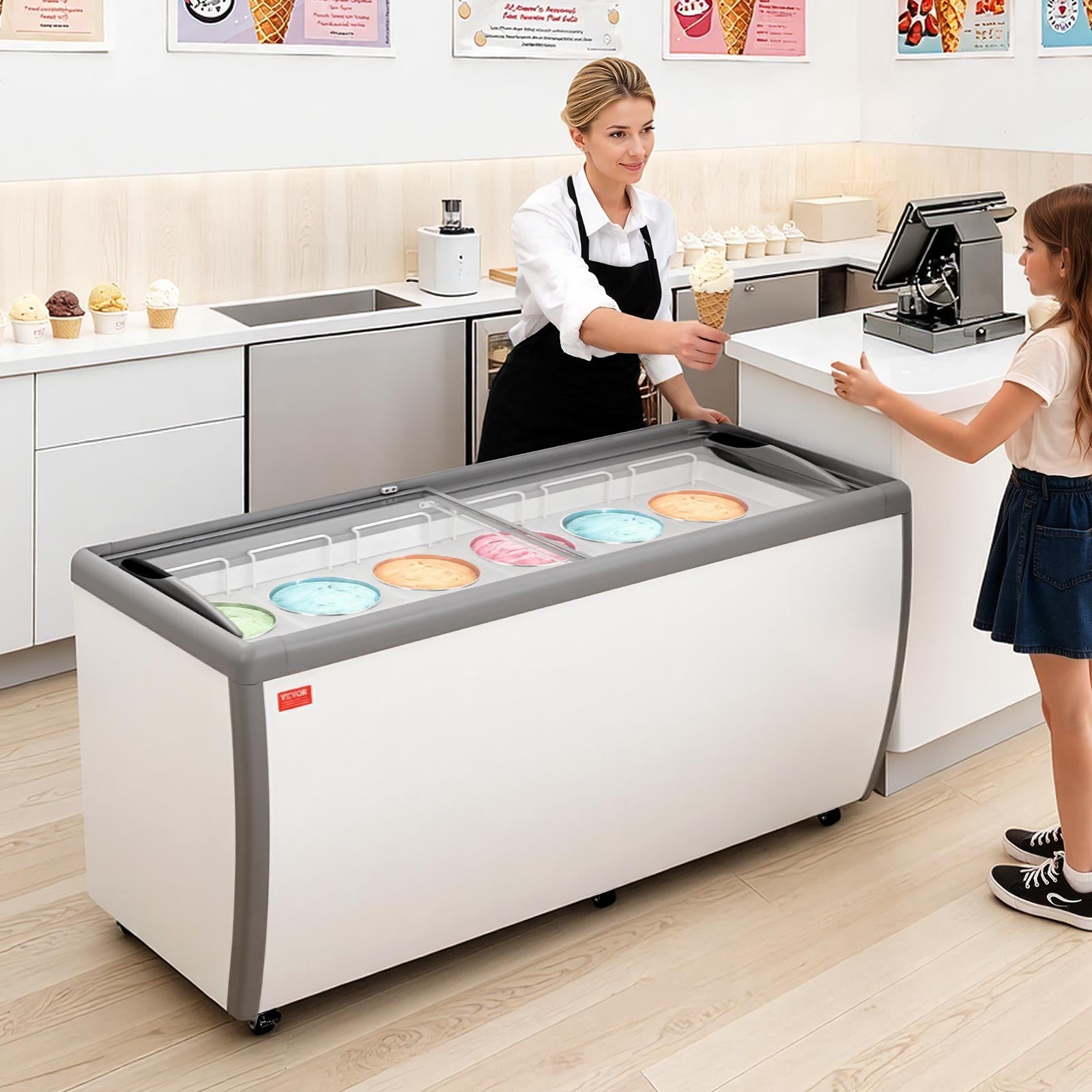 VEVOR Commercial Ice Cream Display Case 20 Cu.Ft Gelato Dipping Freezer Cabinet