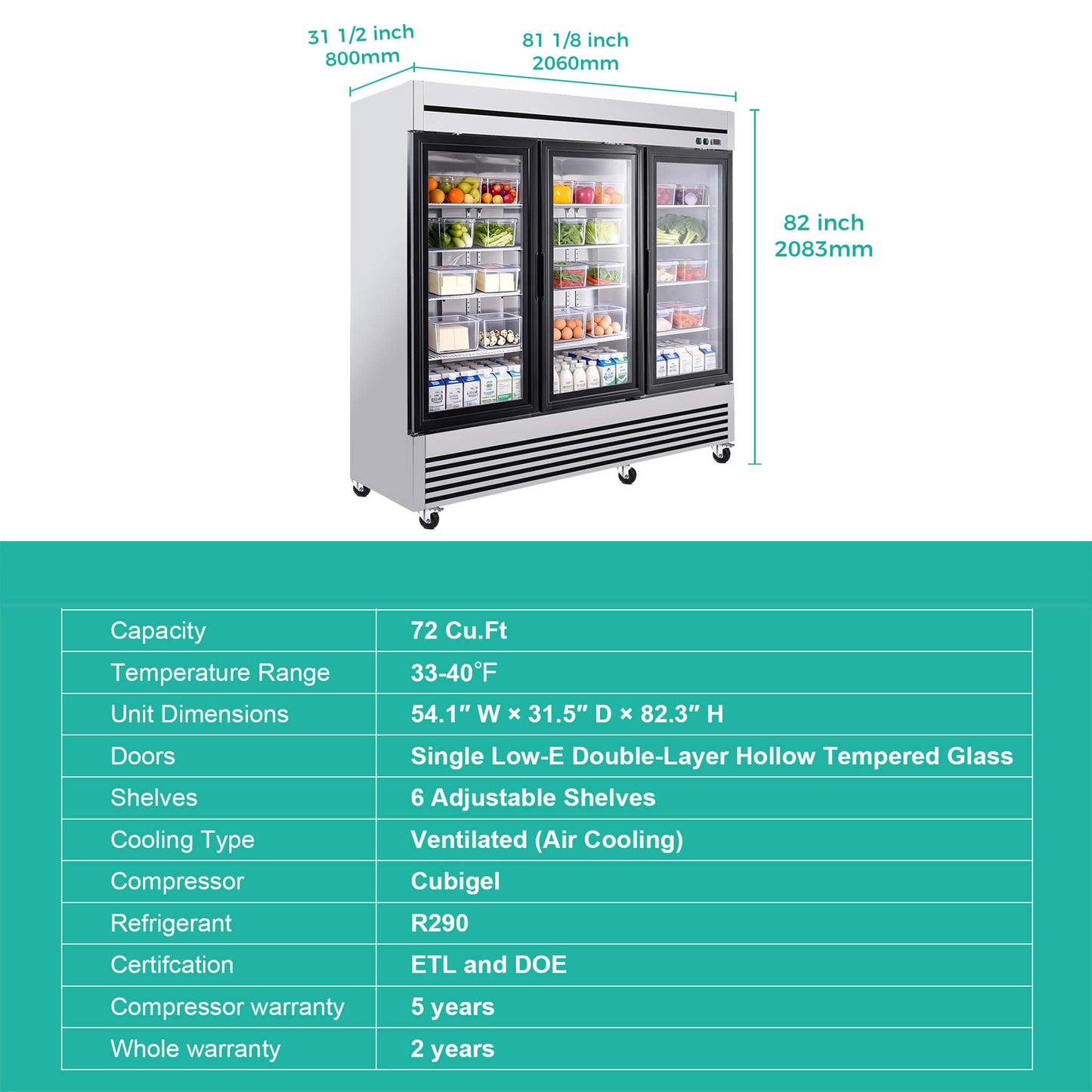 72 Cu.Ft Triple-Door Stainless Steel Commercial Reach-In Display Refrigerator (SAK26394)