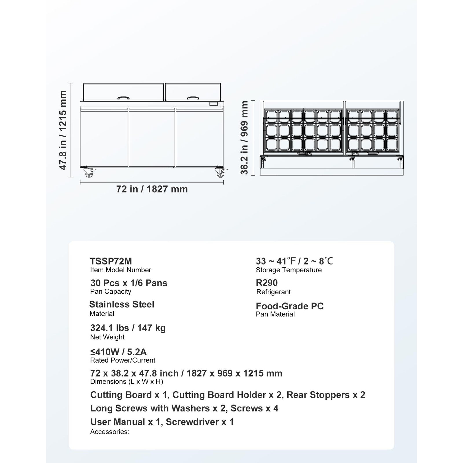 VEVOR 72" Mega Top Commercial Refrigerated Sandwich Prep Station 3 Door W/30 Pan