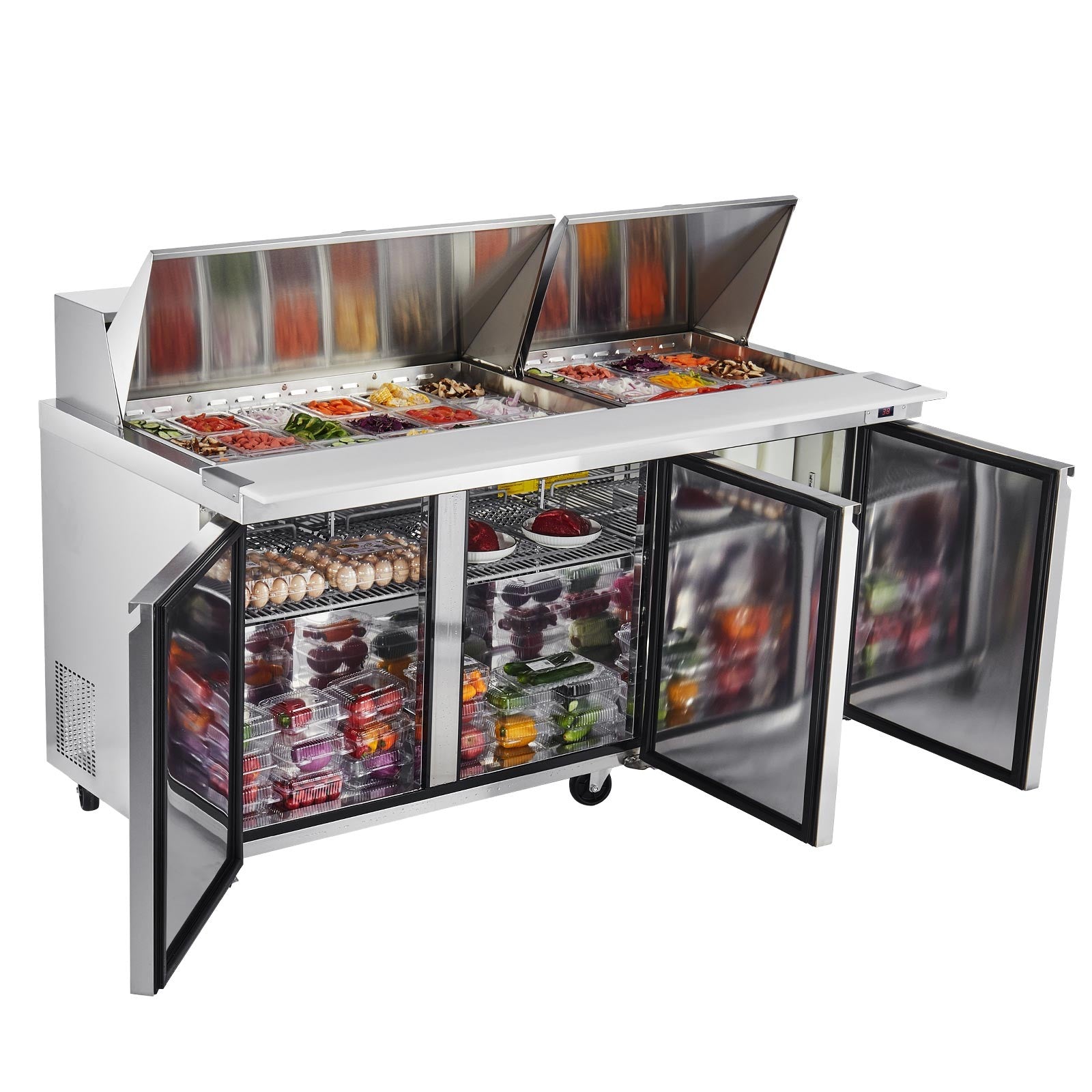VEVOR 72" Mega Top Commercial Refrigerated Sandwich Prep Station 3 Door W/30 Pan