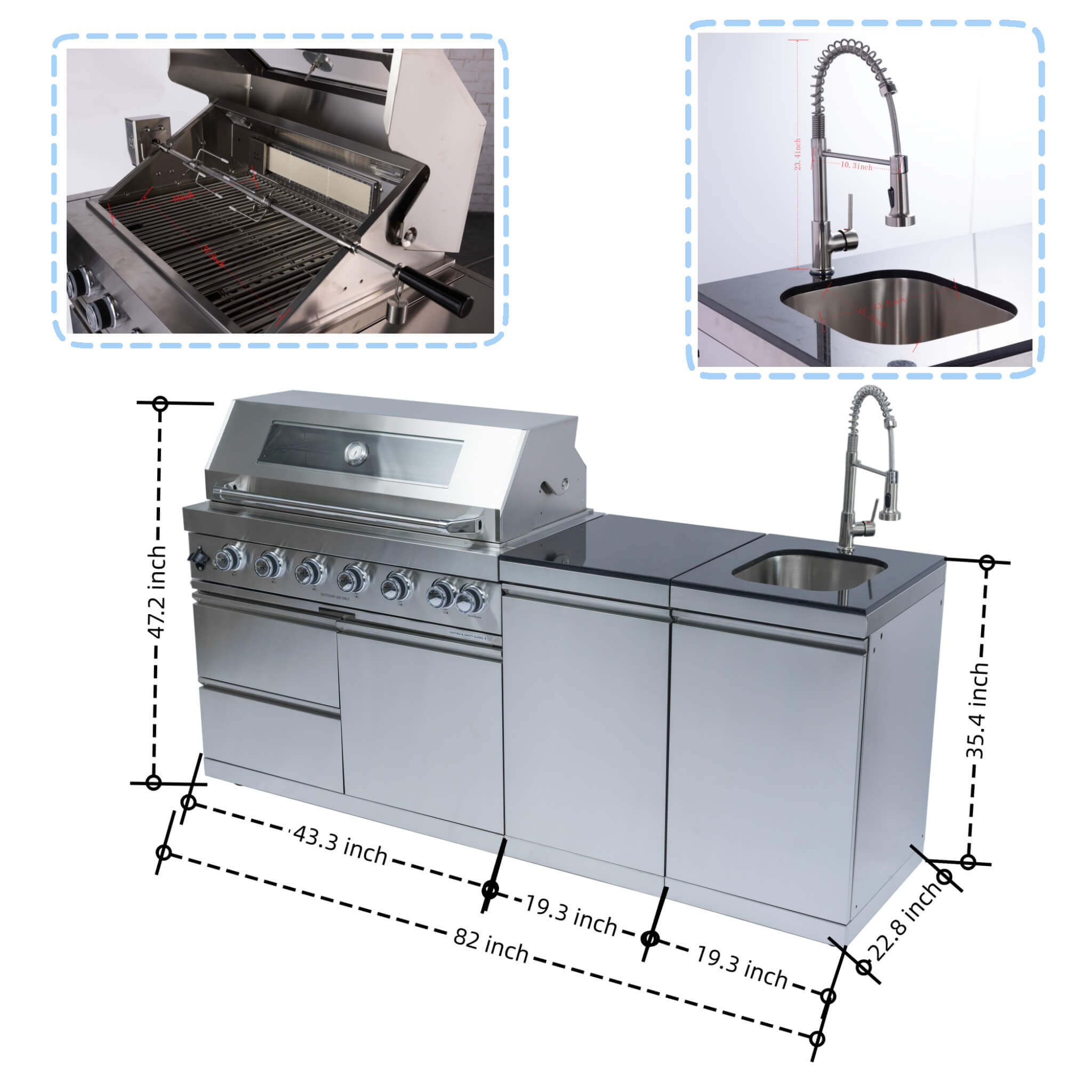 Castelle Flame Valmont 85K BTU Outdoor BBQ Kitchen Grill Island With 43-Inch 6-Burner Grill, Granite Countertops, Rotisserie Kit, Cabinets, And Sink (SAK73518)