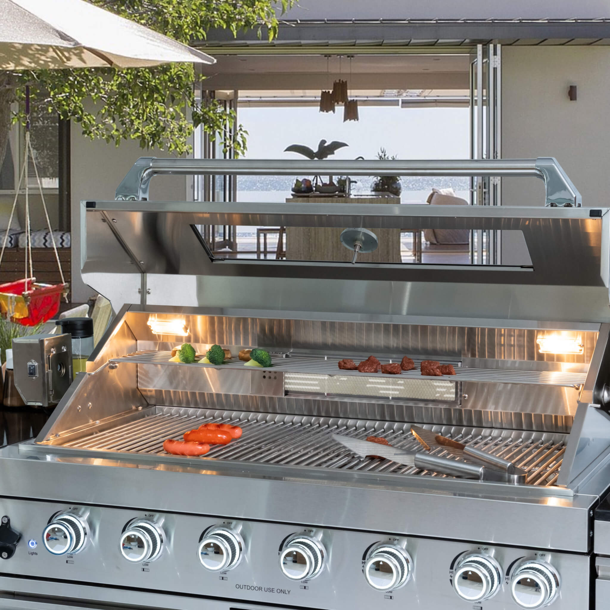 Castelle Flame Valmont 85K BTU Outdoor BBQ Kitchen Grill Island With 43-Inch 6-Burner Grill, Granite Countertops, Rotisserie Kit, Cabinets, And Sink (SAK73518)