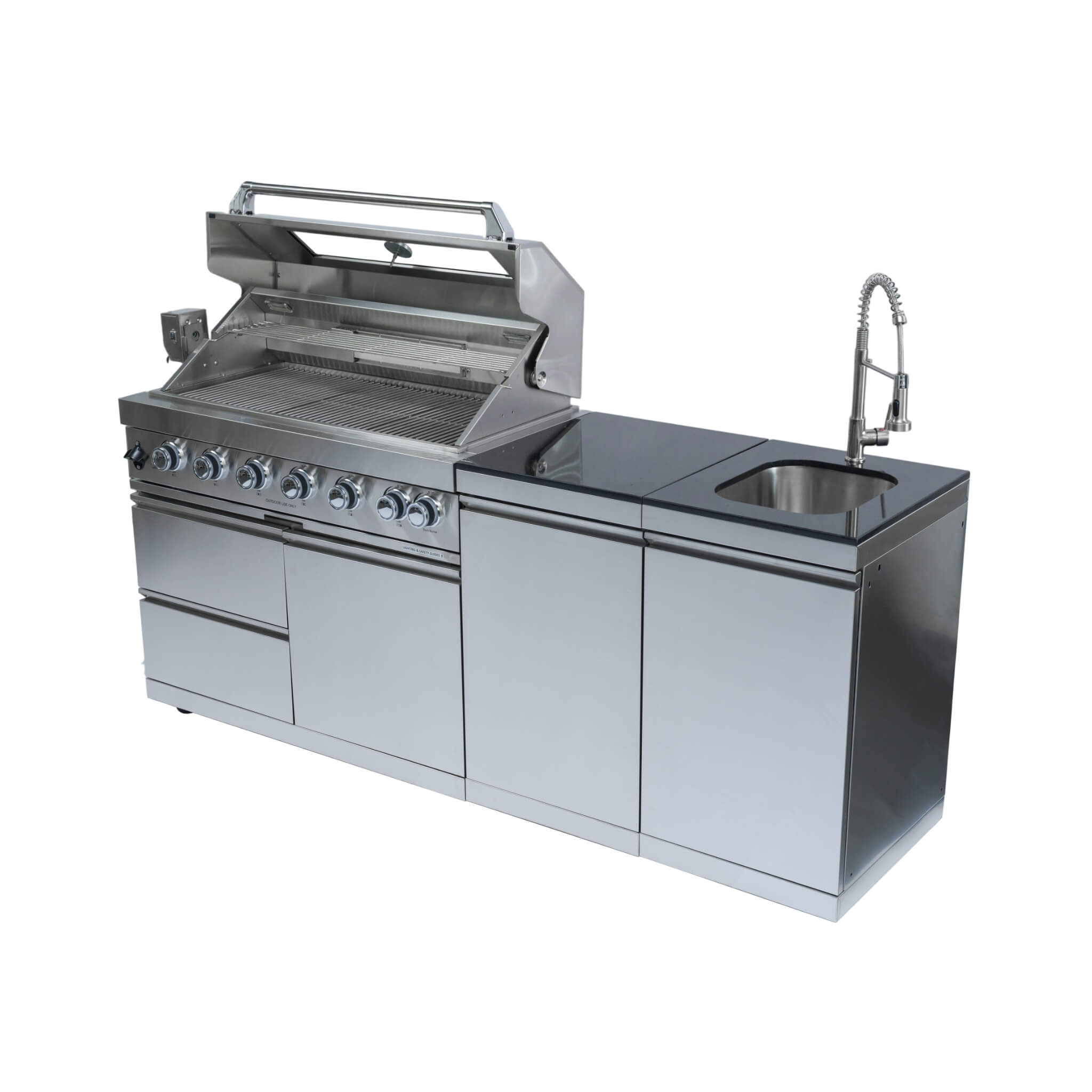 Castelle Flame Valmont 85K BTU Outdoor BBQ Kitchen Grill Island With 43-Inch 6-Burner Grill, Granite Countertops, Rotisserie Kit, Cabinets, And Sink (SAK73518)