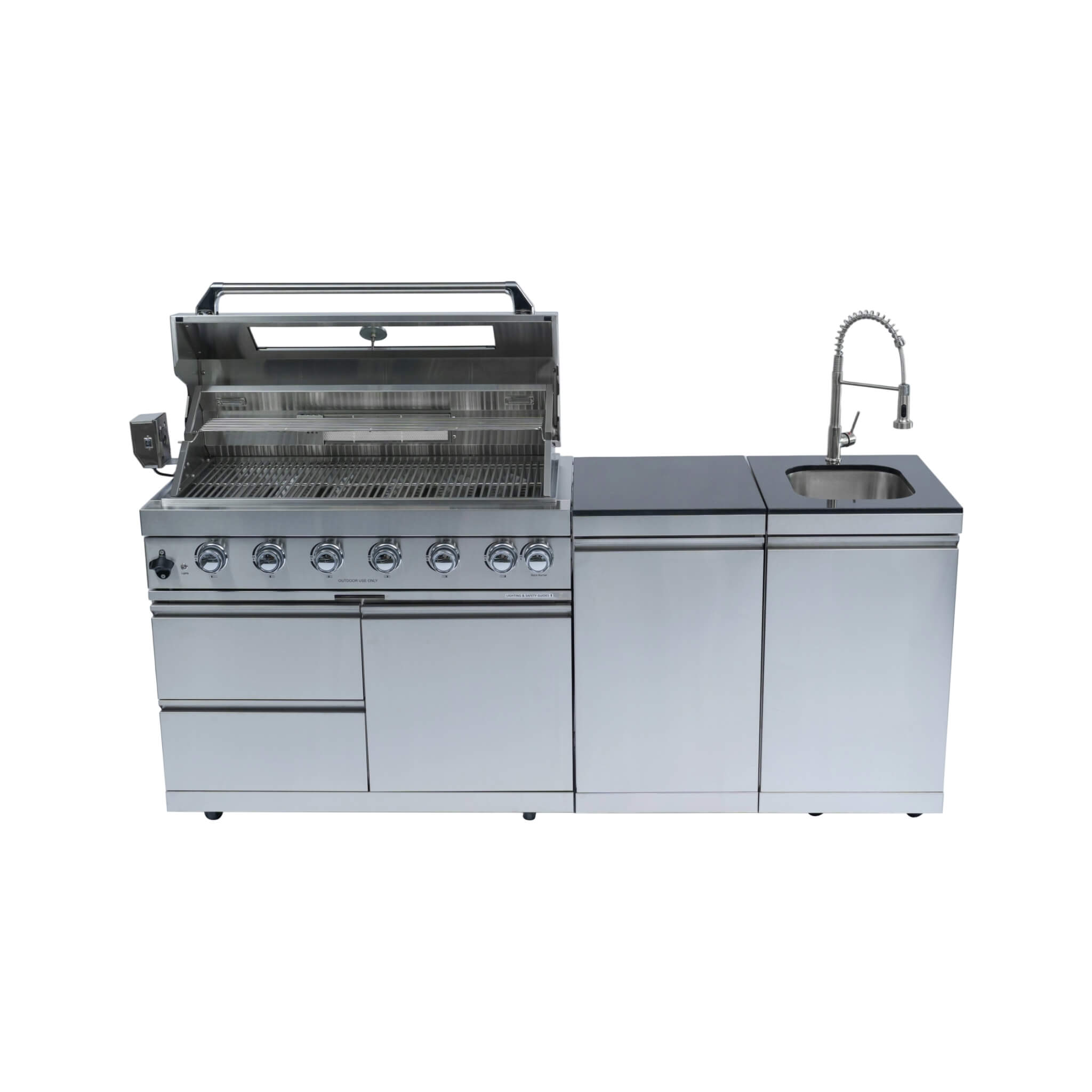 Castelle Flame Valmont 85K BTU Outdoor BBQ Kitchen Grill Island With 43-Inch 6-Burner Grill, Granite Countertops, Rotisserie Kit, Cabinets, And Sink (SAK73518)