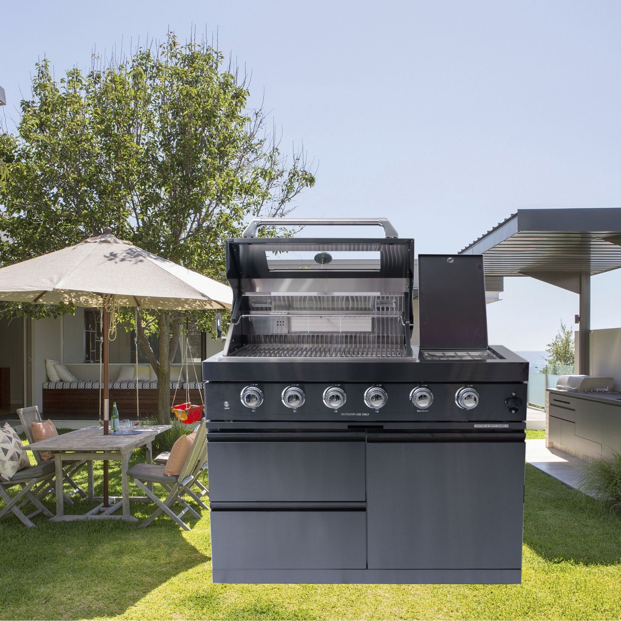 Castelle Flame Premium Black Stainless Steel 4-Burner Liquid Propane Kitchen Grill Island With Rotisserie Kit (SAK48157)