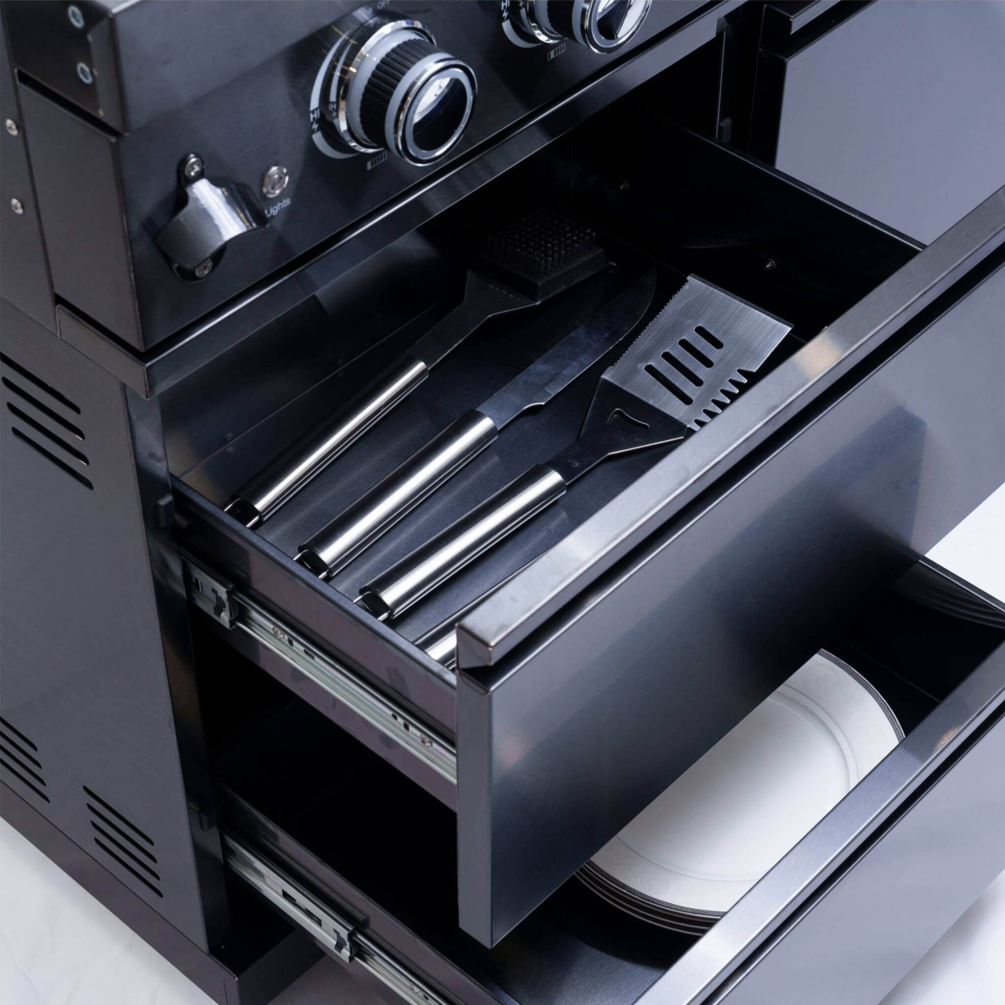 Castelle Flame Premium Black Stainless Steel 6-Burner Gas Grill Kitchen Island With Rotisserie Kit (SAK82641)