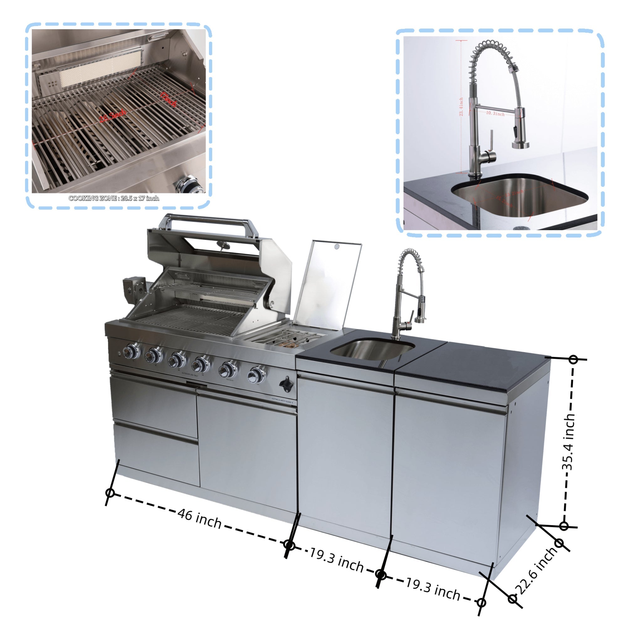Castelle Flame Aurelia 72K BTU Stainless Steel Outdoor BBQ Kitchen Grill Island With 46-Inch 4-Burner 85K BTU Grill, Rotisserie Kit, And Cabinets (SAK93192)