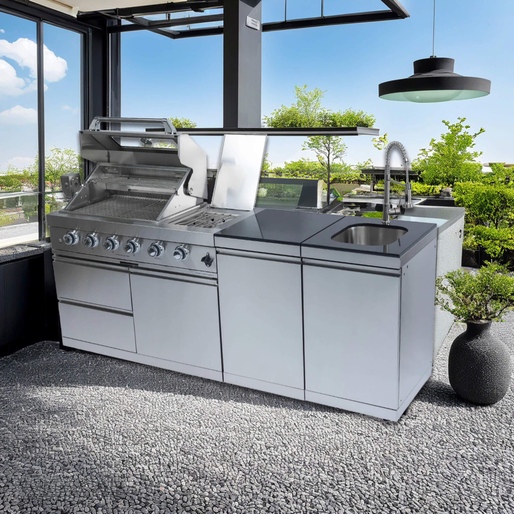 Castelle Flame Aurelia 72K BTU Stainless Steel Outdoor BBQ Kitchen Grill Island With 46-Inch 4-Burner 85K BTU Grill, Rotisserie Kit, And Cabinets (SAK93192)