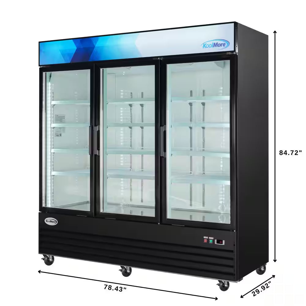 78 In. 57.5 Cu. Ft. Commercial Three Glass Swing Door Merchandiser Refrigerator in Black