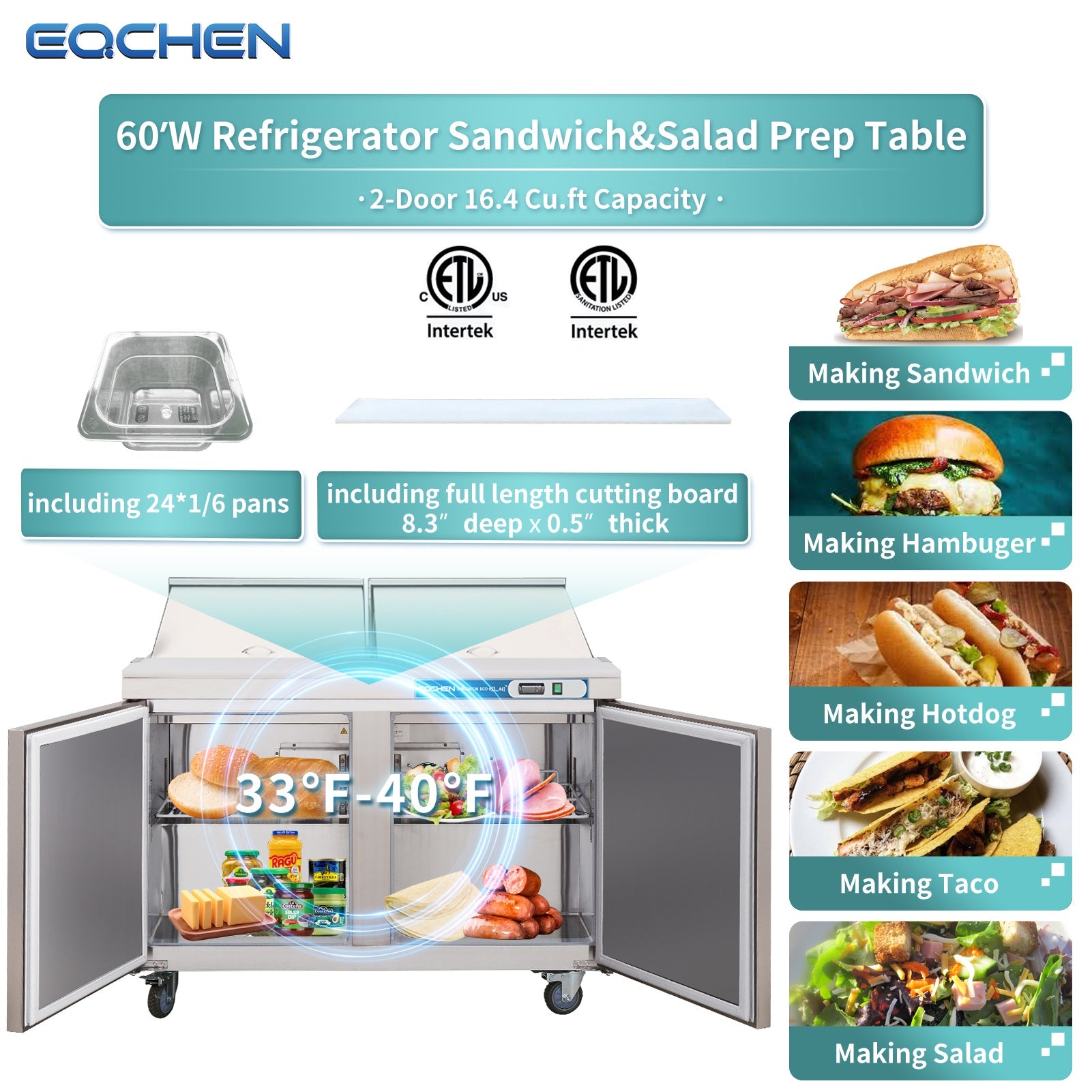 EQCHEN 60 Inch Mega Top Sandwich Prep Table Refrigerator