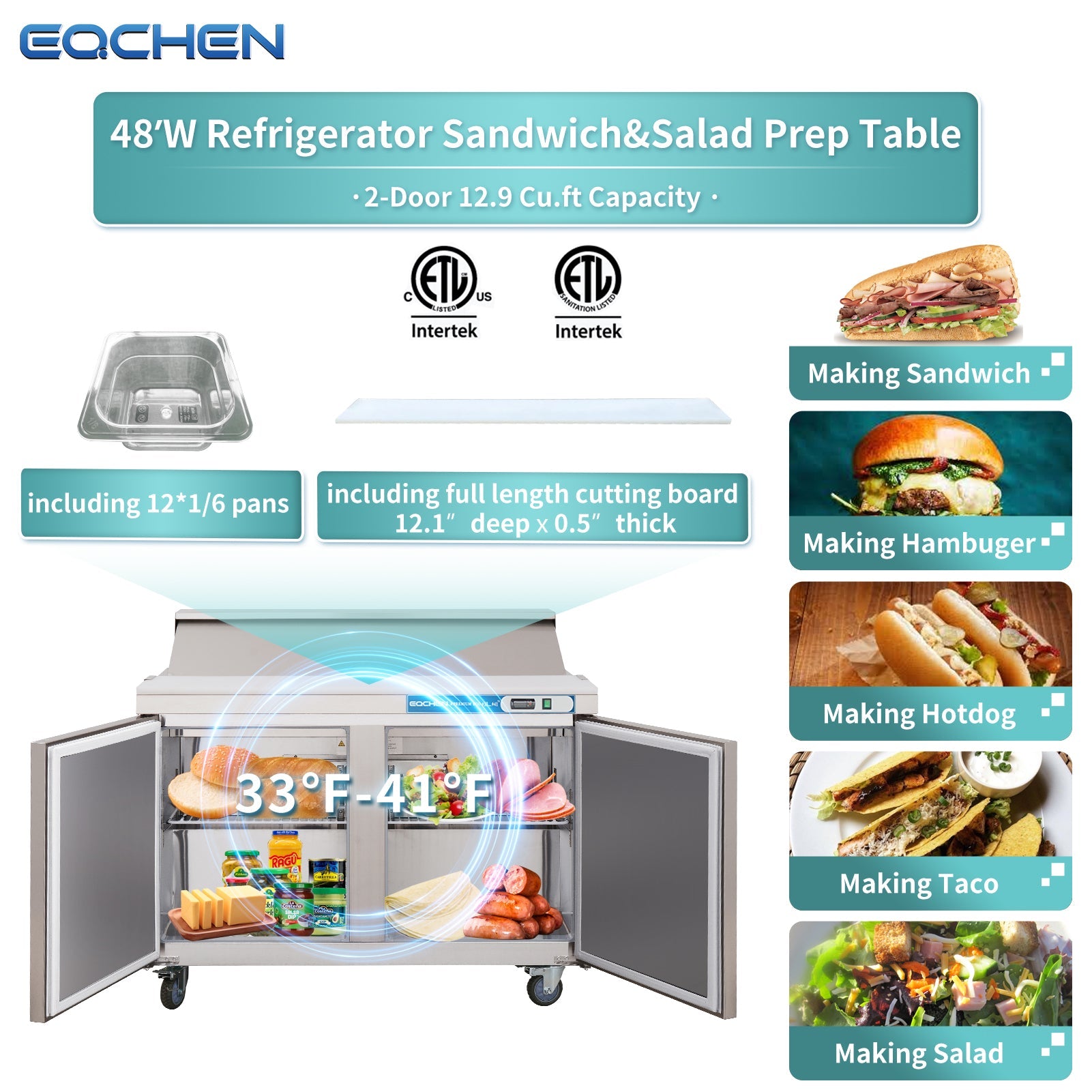 EQCHEN 48 Inch Sandwich Prep Table Refrigerator