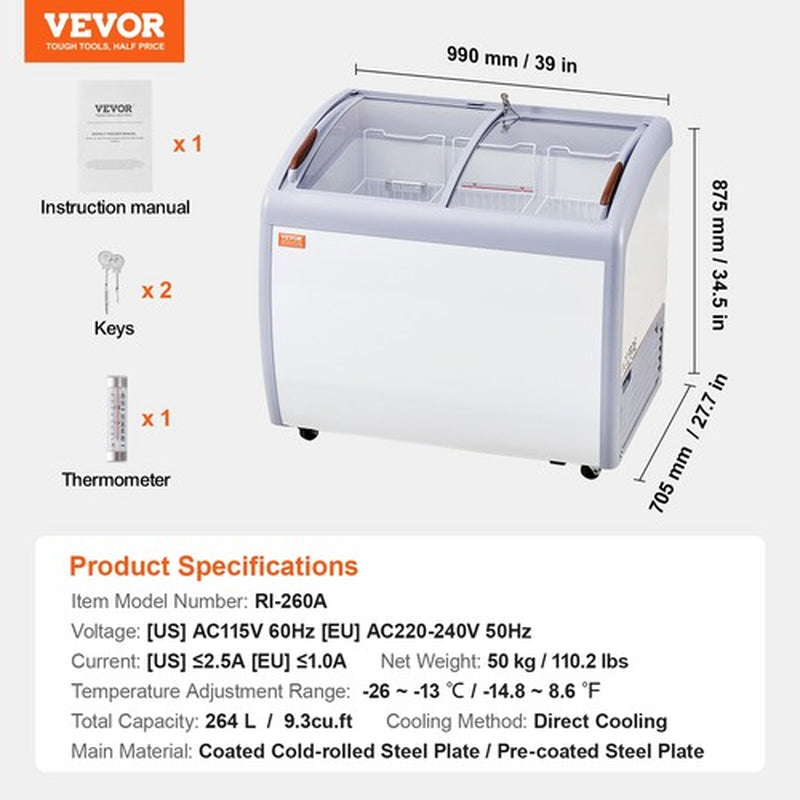VEVOR 9.3 Cu.Ft Commercial Ice Cream Display Case Gelato Dipping Freezer Cabinet