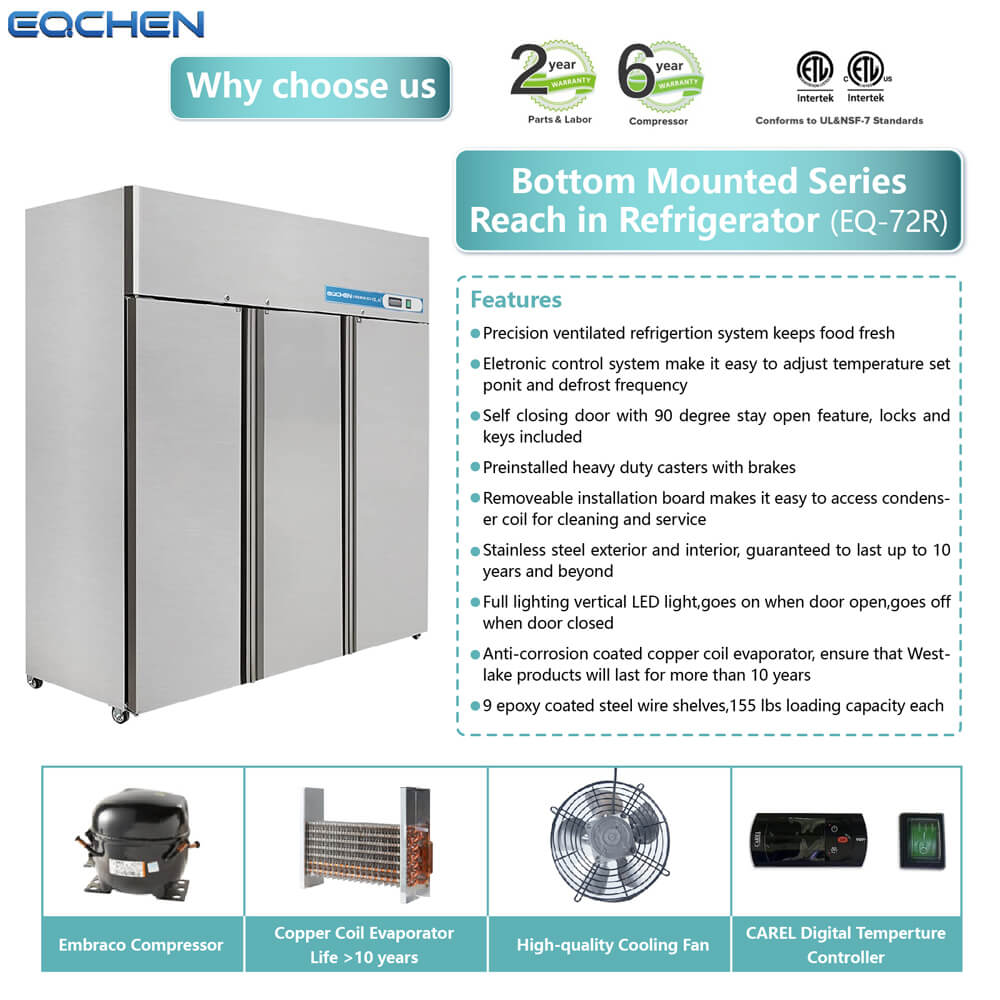 Commercial Reach in Fridge, 3 door 54 Cu.ft Stainless Steel Commercial Reach in Solid door Upright refrigerator