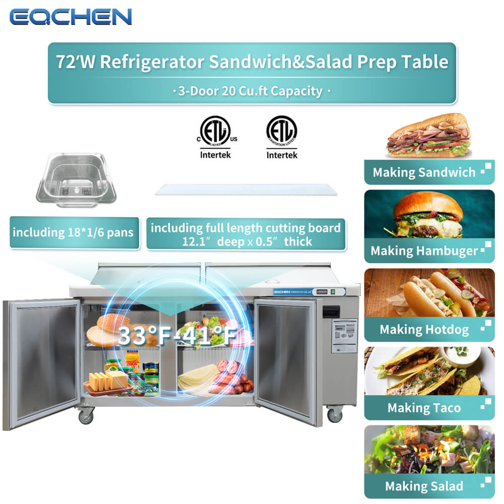 72 inch Salad Sandwich Prep Table Refrigerator, Stainless Steel Food Prep Cooler