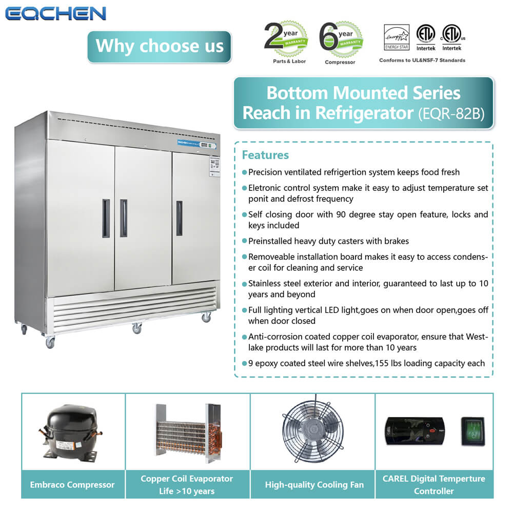 Commercial Reach in Refrigerator, 3 door 72 Cu.ft Stainless Steel Commercial Upright Refrigerator
