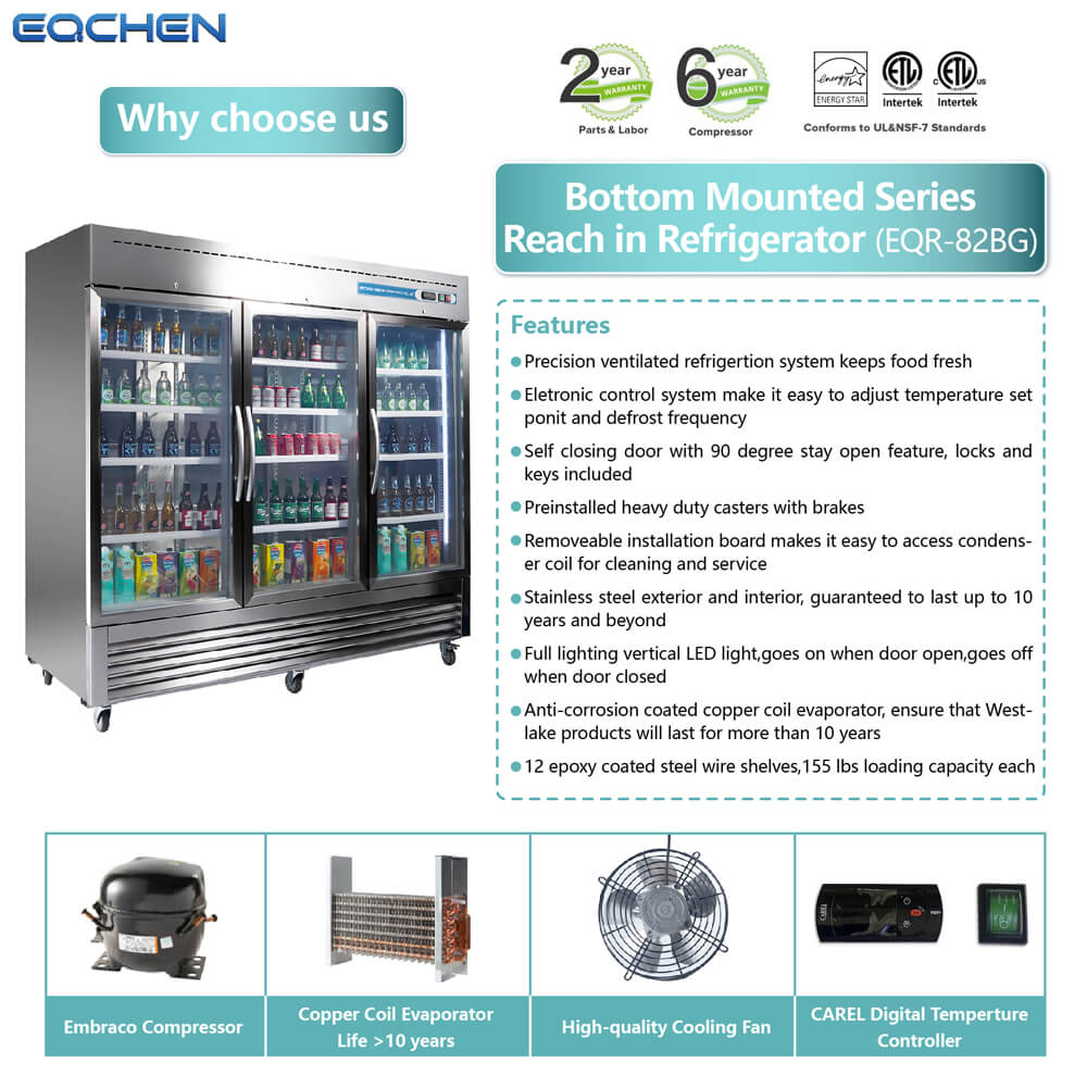 EQCHEN 82 Inch 3 Glass Door Commercial Refrigerator