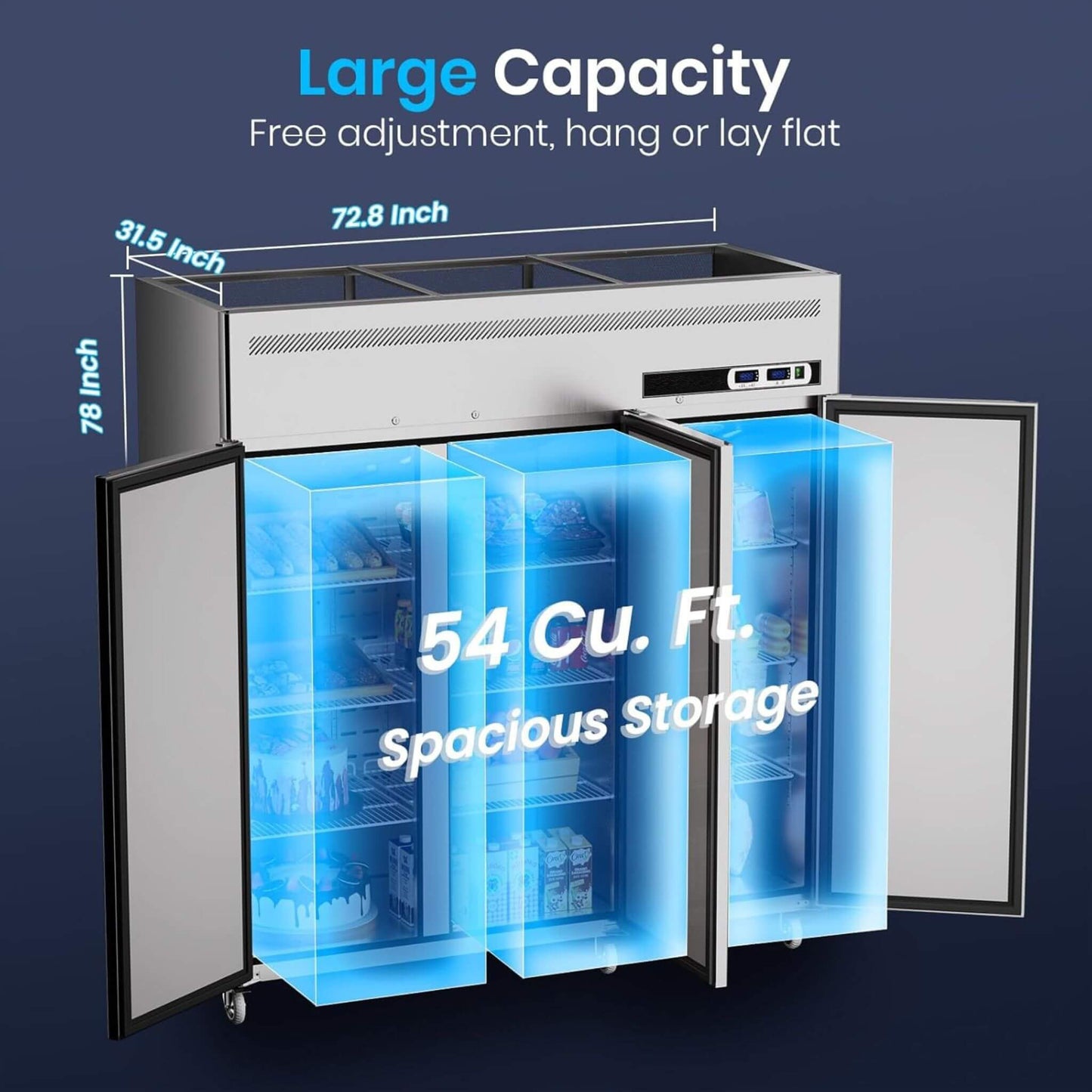 Extra-Large 72-Inch 54 Cu.Ft Commercial 3-Door Upright Reach-In Freezer Refrigerator Combo With Wheels (SAK68325)
