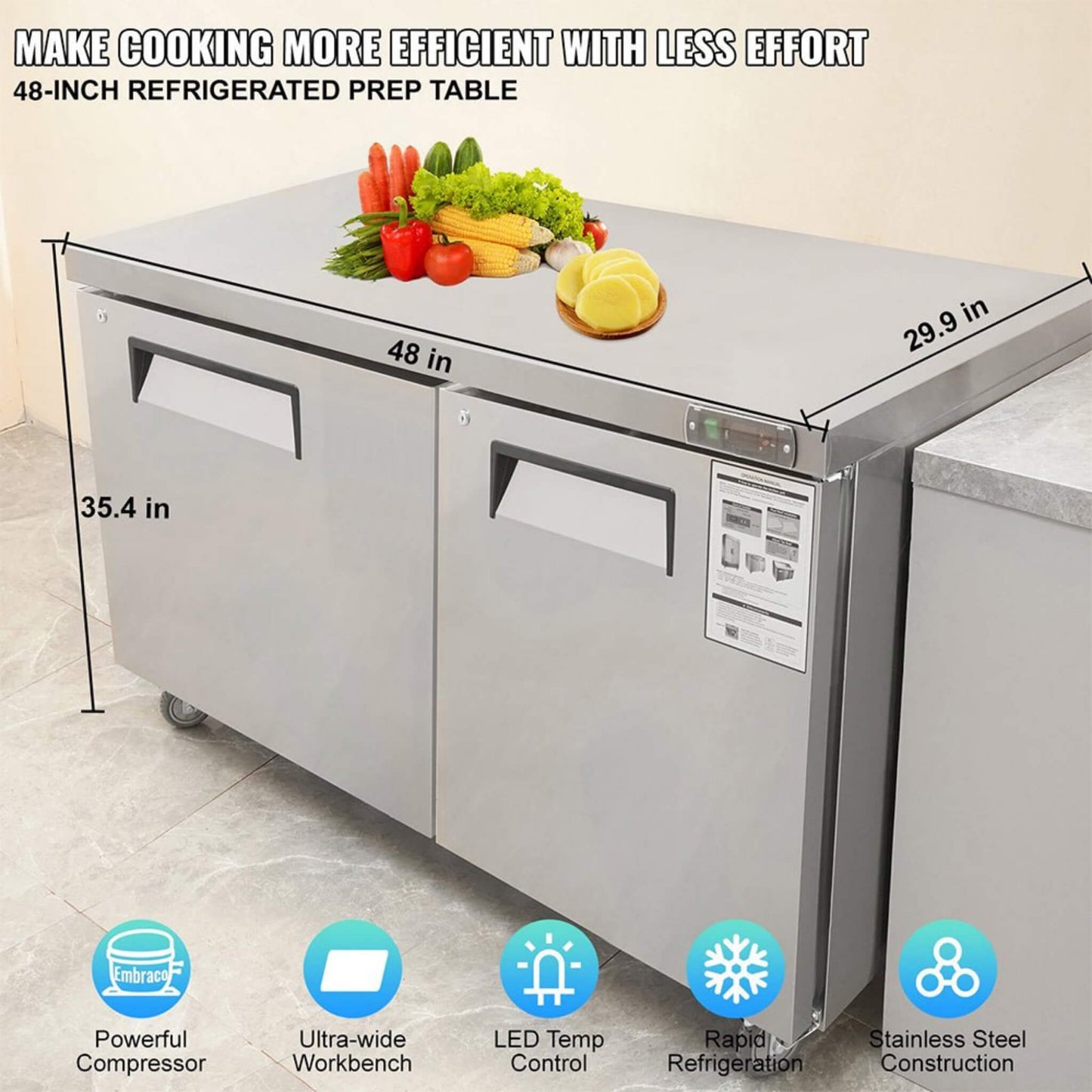 12.9 Cu.Ft 2-Door Commercial Stainless Steel Worktop Undercounter Refrigerator, 48" (SAK13725)