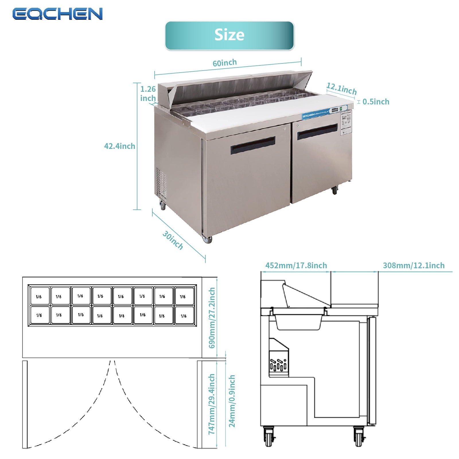 60 inch Salad Sandwich Prep Table Refrigerator, Stainless Steel Food Prep Cooler