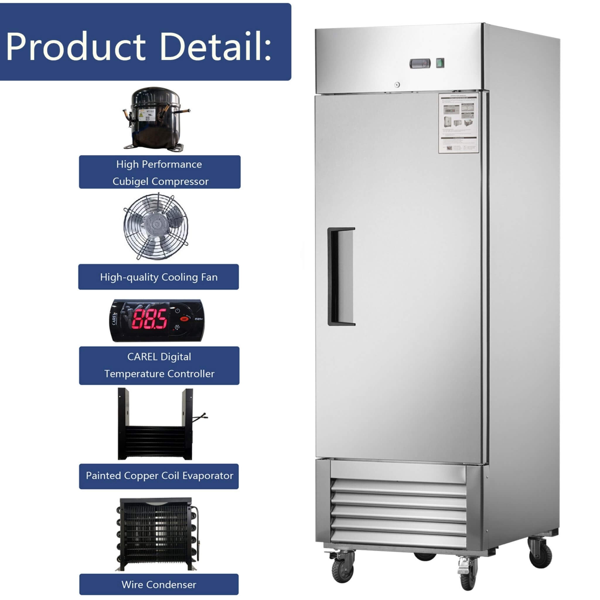 Heavy-Duty 27-Inch 8.7 Cu.Ft Commercial Upright Stainless Steel Reach-In Freezer (SAK43815)