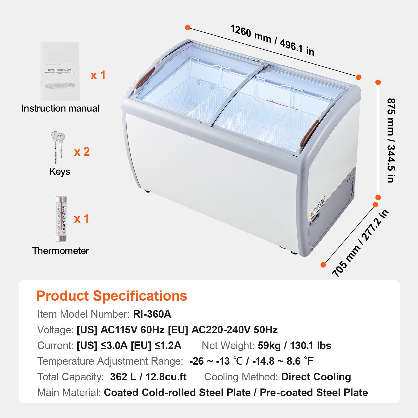 50" Commercial Ice Cream Display Case Gelato Freezer Glass Cabinet 12.8 Cu.Ft