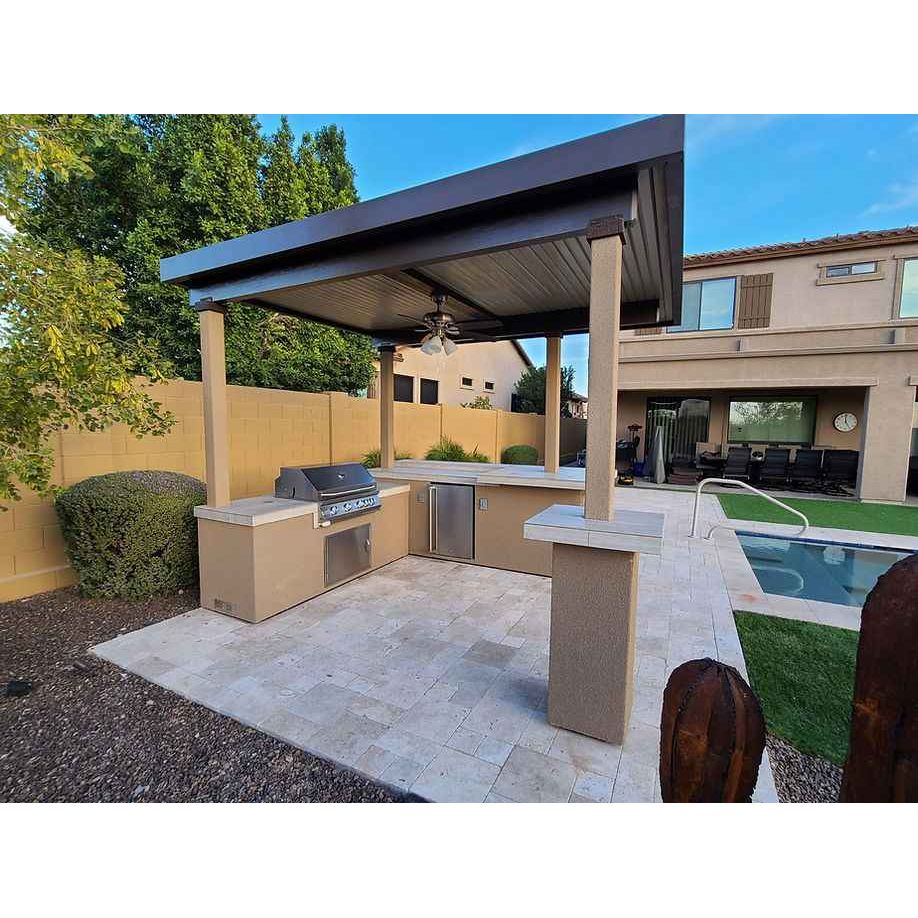 KoKoMo Outdoor Kitchen BBQ Island with 12' x 12' Pergola – Built-In 4-Burner Grill, Refrigerator, and Lighting