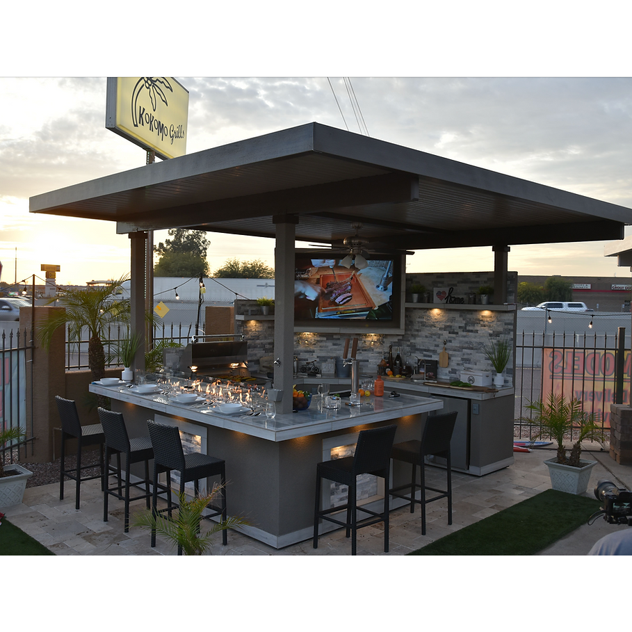 KoKoMo Bermuda Kitchen BBQ Island with Built-In TV, Fire Pit & Bar for Ultimate Outdoor Entertaining