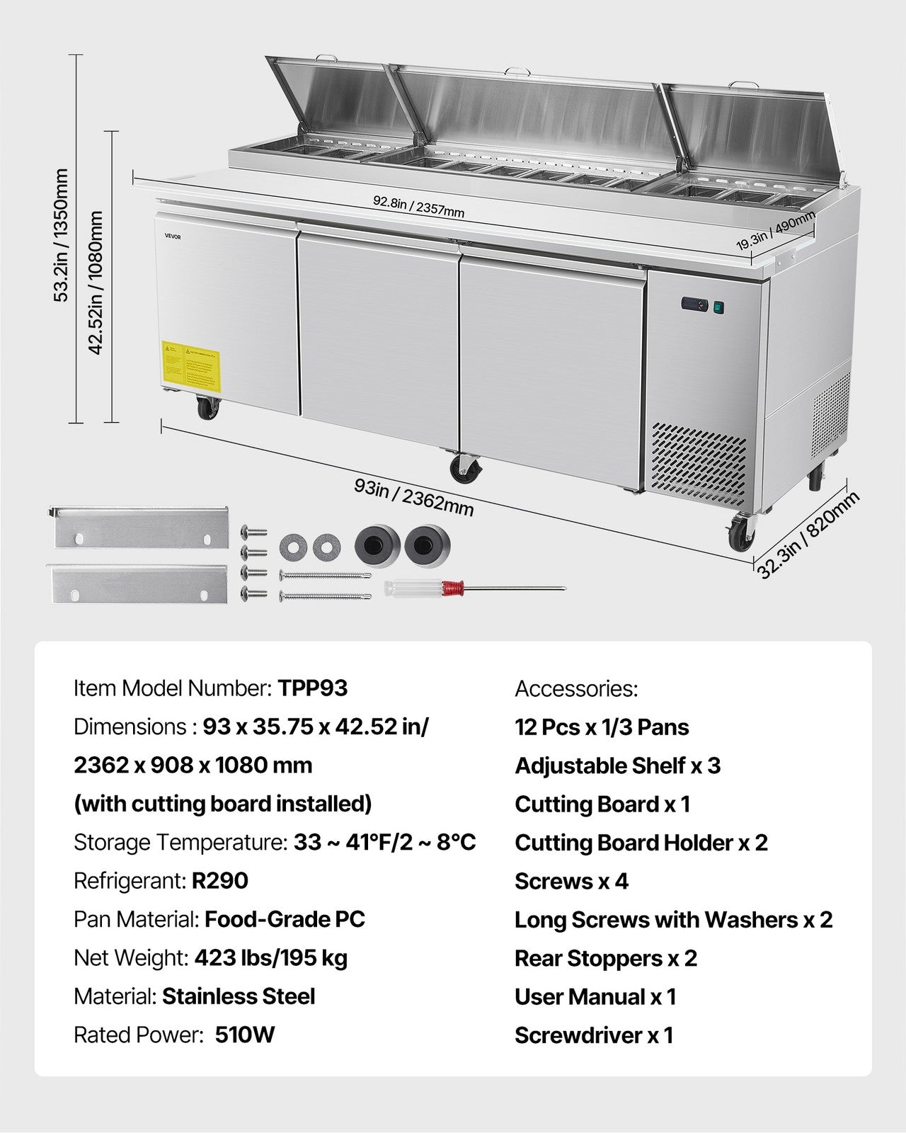 VEVOR Commercial Refrigerated Pizza Prep Table Stainless Steel Fridge Tripledoor