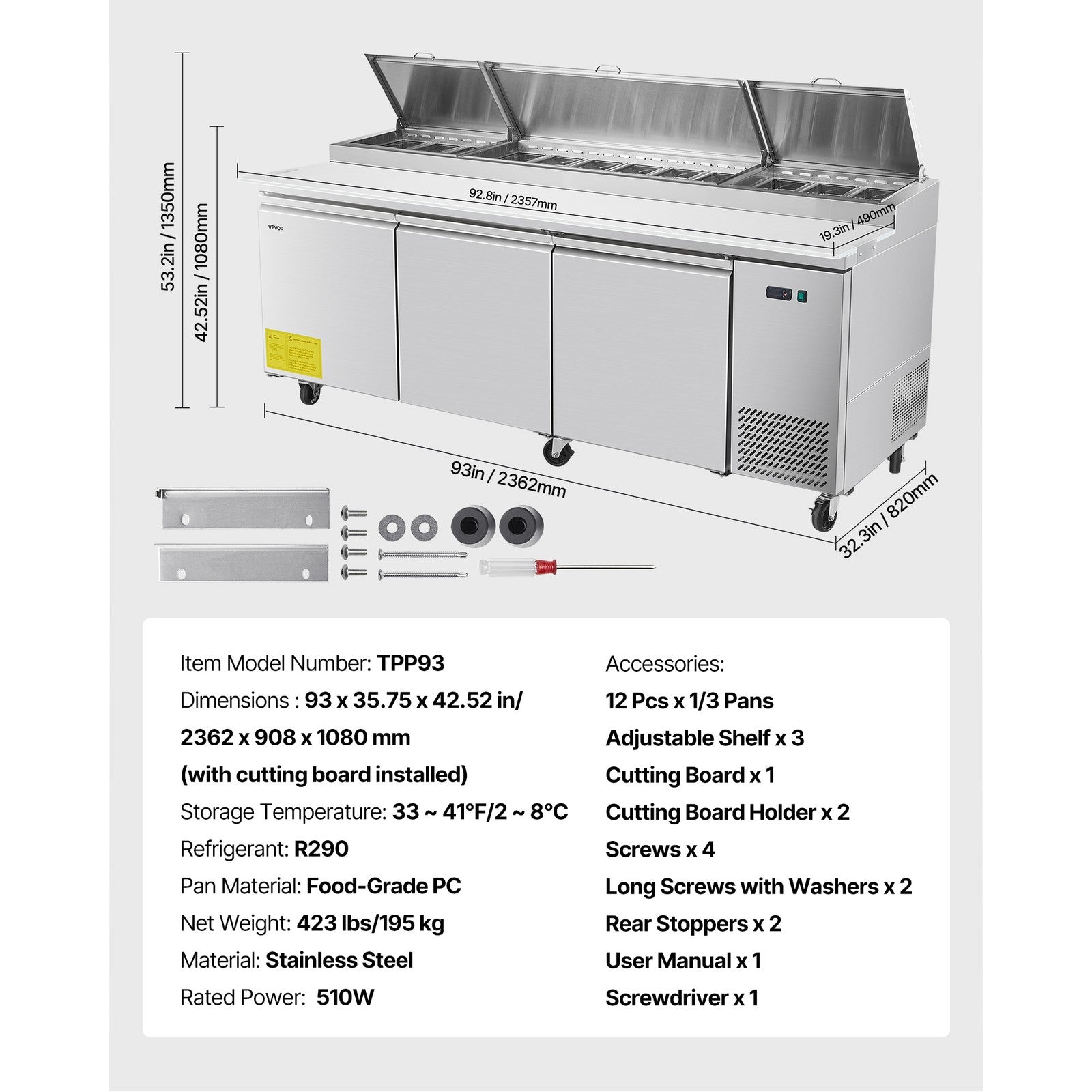 VEVOR Commercial Refrigerated Pizza Prep Table Stainless Steel Fridge Tripledoor