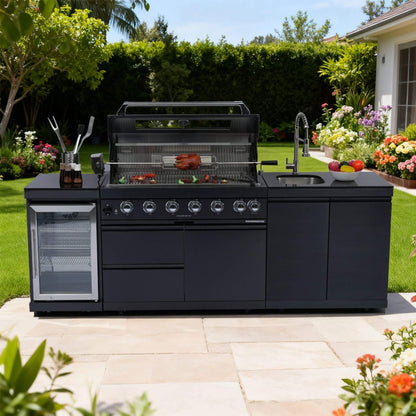 Castelle Flame 43-Inch 6-Burner 85K BTU Stainless Steel Outdoor BBQ Kitchen Island Grill With Wine Cooler, Rotisserie, And Sink (SAK19476)