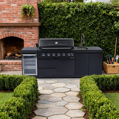 Castelle Flame 43-Inch 6-Burner 85K BTU Stainless Steel Outdoor BBQ Kitchen Island Grill With Wine Cooler, Rotisserie, And Sink (SAK19476)