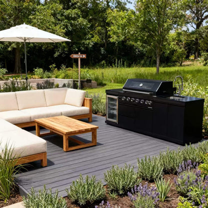 Castelle Flame 43-Inch 6-Burner 85K BTU Stainless Steel Outdoor BBQ Kitchen Island Grill With Wine Cooler, Rotisserie, And Sink (SAK19476)