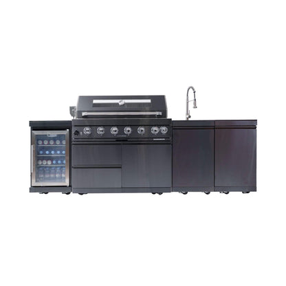 Castelle Flame 43-Inch 6-Burner 85K BTU Stainless Steel Outdoor BBQ Kitchen Island Grill With Wine Cooler, Rotisserie, And Sink (SAK19476)