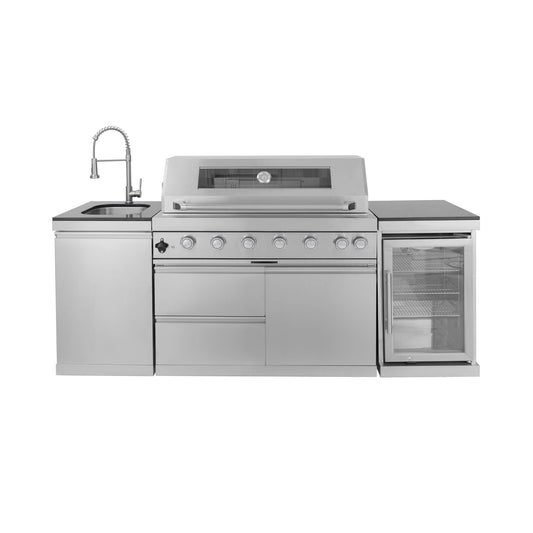 Castelle Flame 44-Inch 6-Burner 85K BTU Stainless Steel Outdoor BBQ Kitchen Island Grill With Wine Cooler, Rotisserie Kit, And Storage Cabinets (SAK97105)
