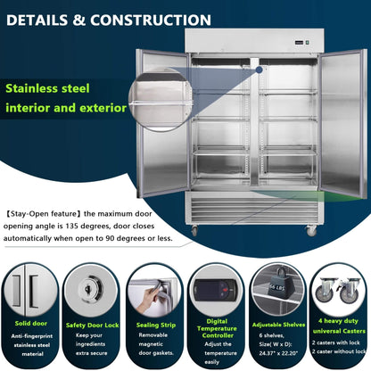 54-Inch 42.2 Cu.Ft Commercial Stainless Steel 2-Section Upright Reach-In Freezer (SAK35148)