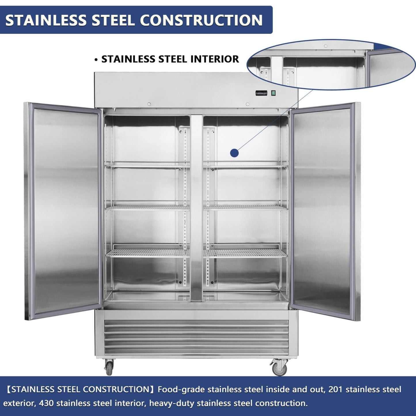54-Inch 42.2 Cu.Ft Commercial Stainless Steel 2-Section Upright Reach-In Freezer (SAK35148)