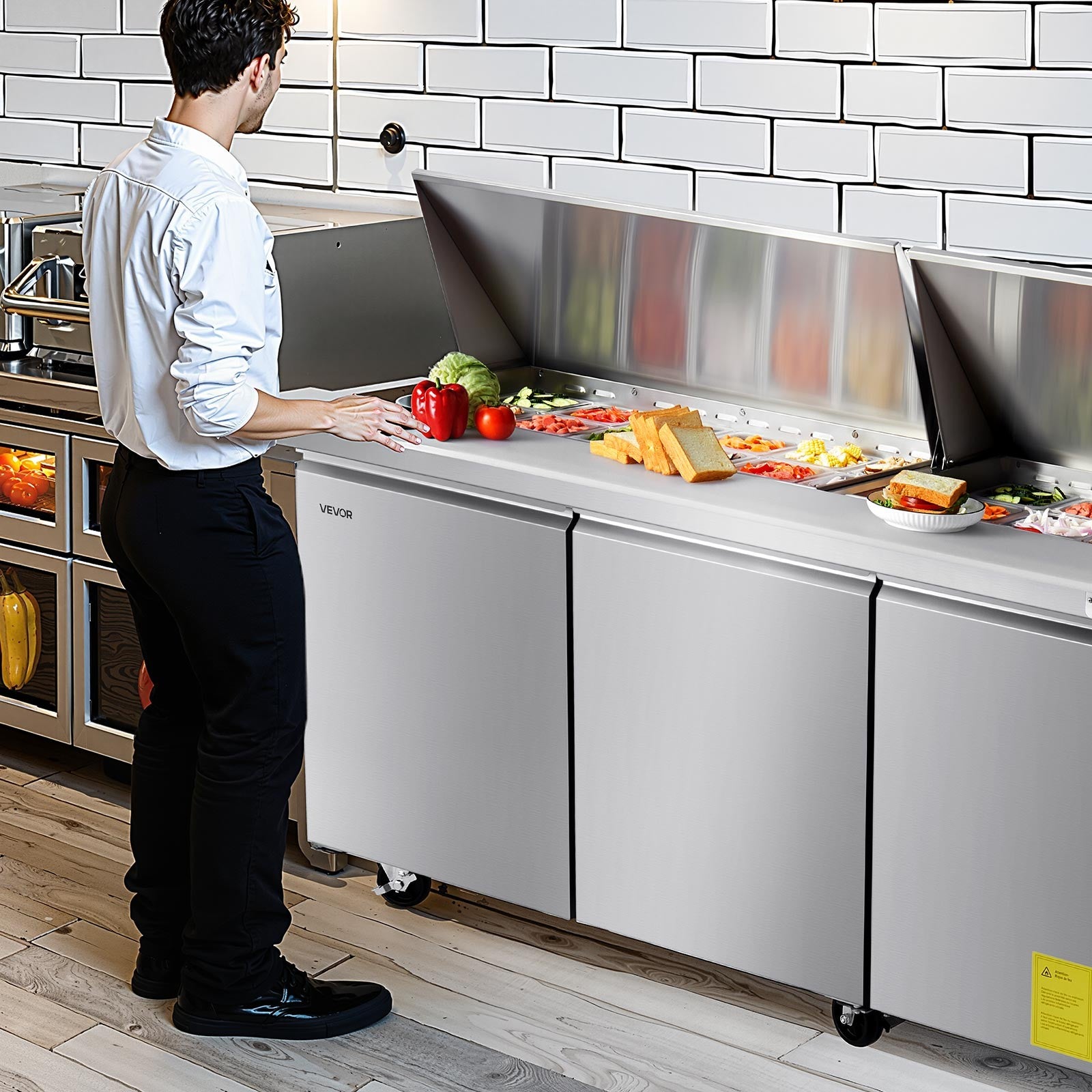VEVOR 72" Mega Top Commercial Refrigerated Sandwich Prep Station 3 Door W/30 Pan