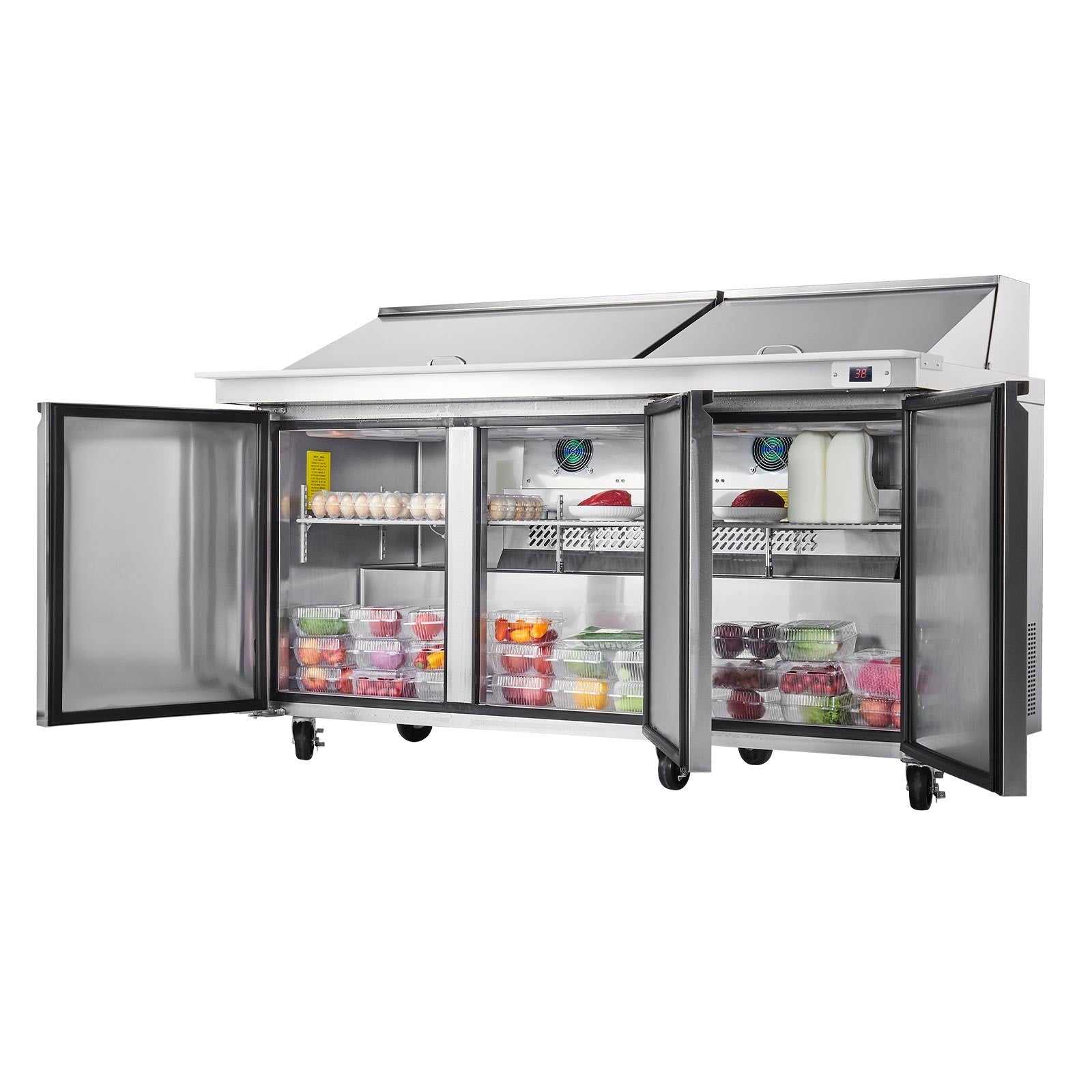 VEVOR 72" Mega Top Commercial Refrigerated Sandwich Prep Station 3 Door W/30 Pan