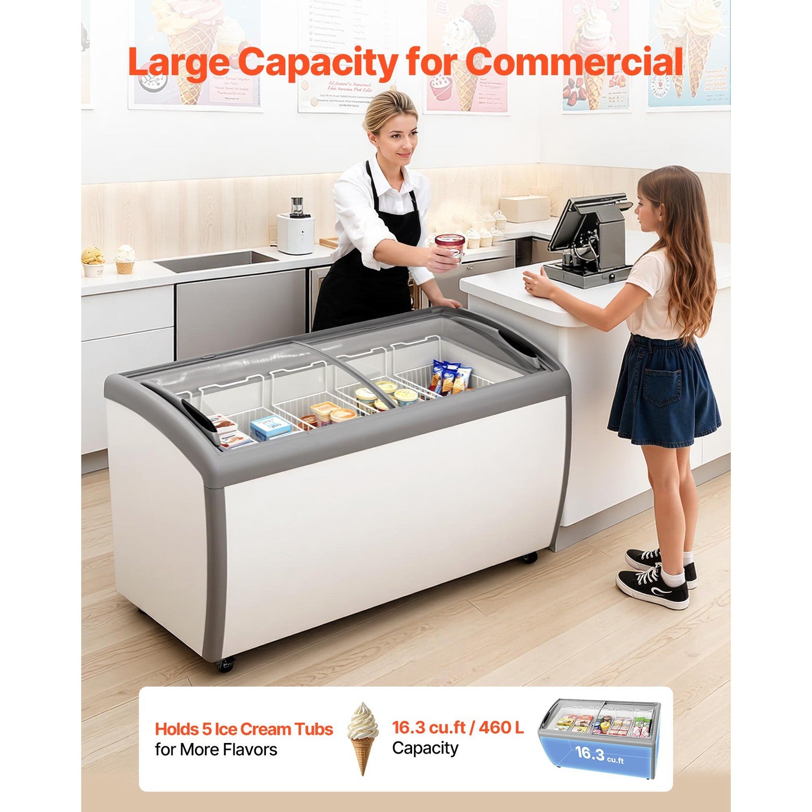 Uimoso Commercial Ice Cream Display Freezer 16.3 Cu.Ft with 5 Wire Baskets