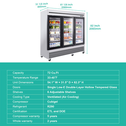 72 Cu.Ft Triple-Door Stainless Steel Commercial Reach-In Display Refrigerator (SAK26394)