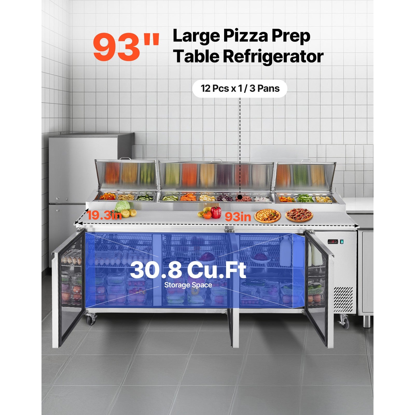VEVOR Commercial Refrigerated Pizza Prep Table Stainless Steel Fridge Tripledoor