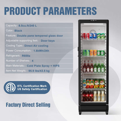 8.5 Cu.Ft Commercial Single Glass Door Beverage Merchandiser Refrigerator (SAK27946)