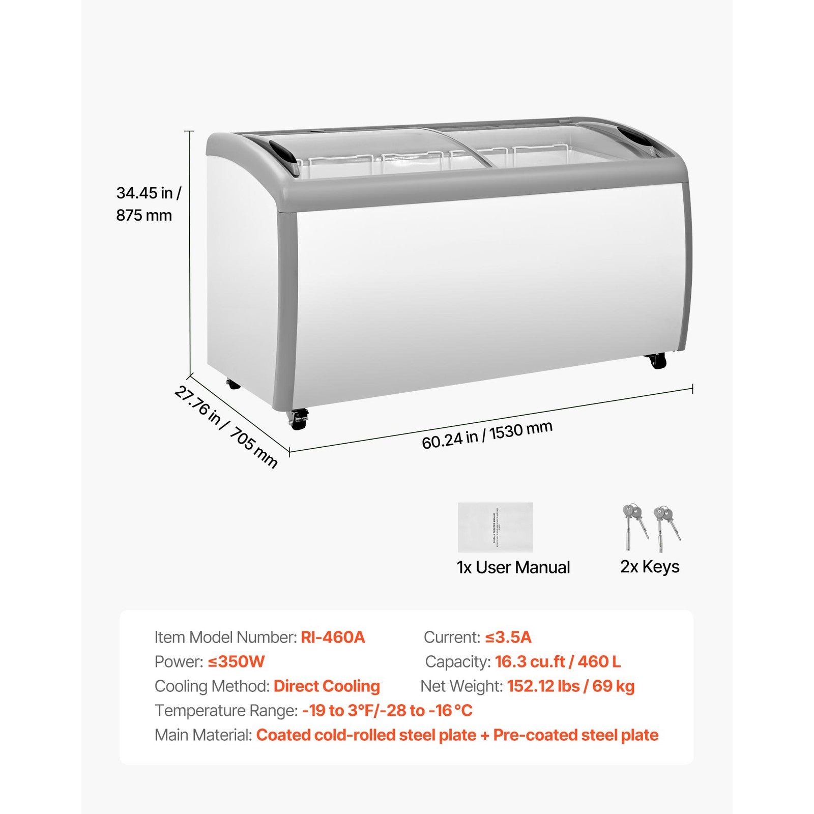 Uimoso Commercial Ice Cream Display Freezer 16.3 Cu.Ft with 5 Wire Baskets